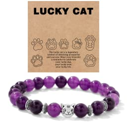 Natural Stone Citrines Beaded Bracelet Lucky Cat Head Charm Fluorite Moss Agates Bracelets for Women Men Cute Handmade Jewelry