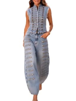 SHENGPALAE Women Denim Two Piece Set Sleeveless Vest Wide Leg Pants Rivet Decor Vintage Streetwear Trendy Autumn 2026 New
