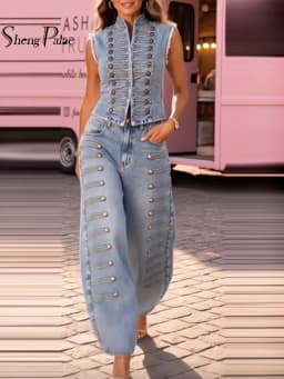 SHENGPALAE Women Denim Two Piece Set Sleeveless Vest Wide Leg Pants Rivet Decor Vintage Streetwear Trendy Autumn 2026 New