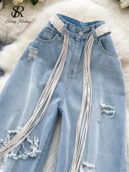 SINGREINY Fashion Korean Casual Long Pants Female High Waist Hole Lace Splice Denim Trousers Streetwear Loose Wide Legs Jeans