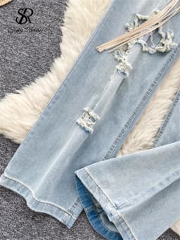 SINGREINY Fashion Korean Casual Long Pants Female High Waist Hole Lace Splice Denim Trousers Streetwear Loose Wide Legs Jeans