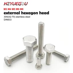 HZYUEGOU M3 M4 M5 M6 M8 A2-70 304 Stainless Steel Metric Thread DIN933 Outside Hex Head Bolt External Hexagon Head Screw