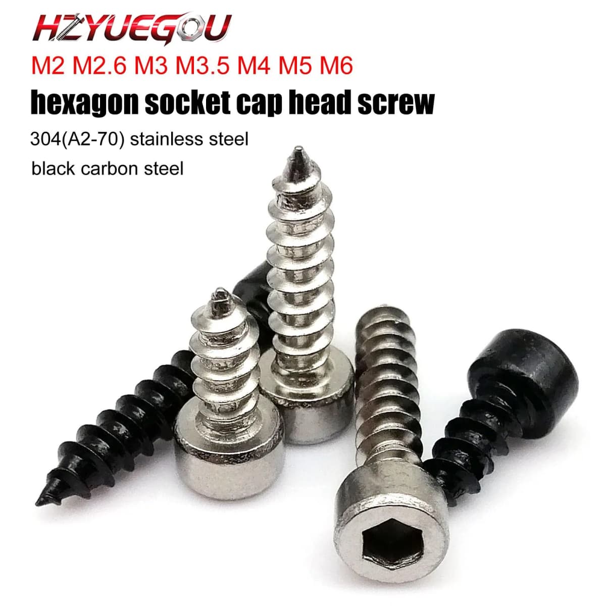 HZYUEGOU M2 M2.6 M3 M3.5 M4 M5 M6 304 Stainless Steel Black Carbon Steel Allen Hexagon Socket Cap Head Wood Self-tapping Screw