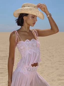Elegant Lace Women Long Pant Set Square Neck Sheer Ruffle Hem Crop Cami Top High Waist Wide Leg Trousers 2026 Summer Chic Suit