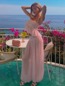 Elegant Lace Women Long Pant Set Square Neck Sheer Ruffle Hem Crop Cami Top High Waist Wide Leg Trousers 2026 Summer Chic Suit