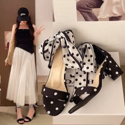 2026 Summer Sweet Polka-dot Bow Women's Sandals with Thick Heels and Open Toes and Non-slip Laces Plus Size Women's Shoes 35-42