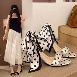 2026 Summer Sweet Polka-dot Bow Women's Sandals with Thick Heels and Open Toes and Non-slip Laces Plus Size Women's Shoes 35-42