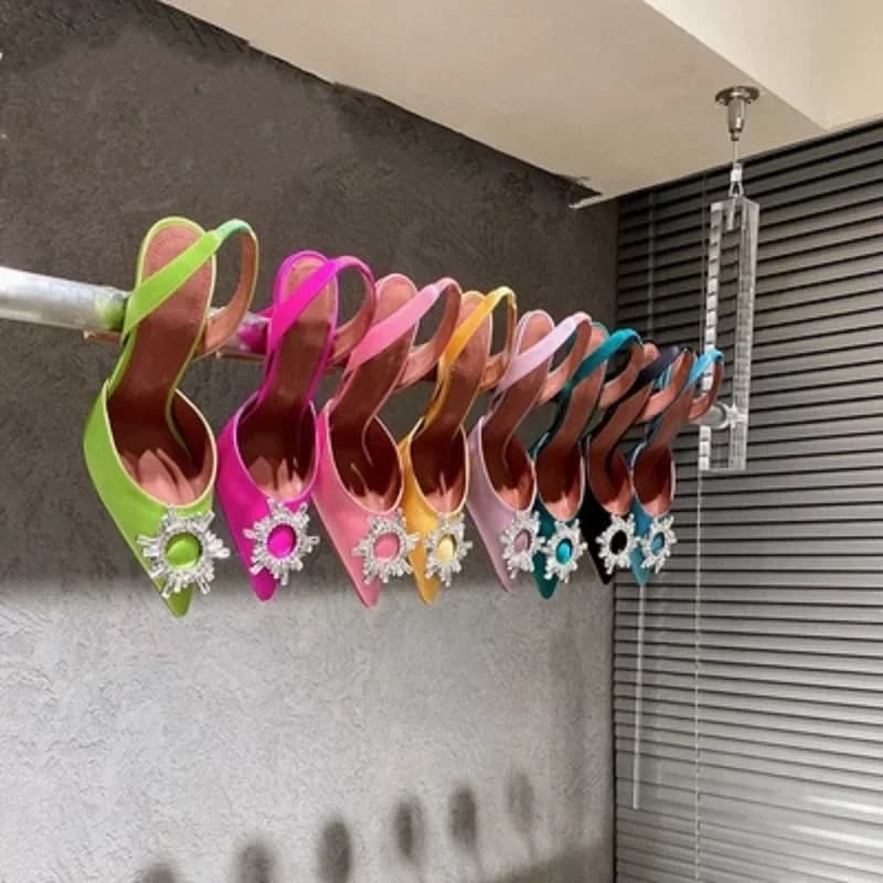 2024 New Silk Sunflower Crystal Diamond Buckle High Heels Horseshoe and Women's Sandals