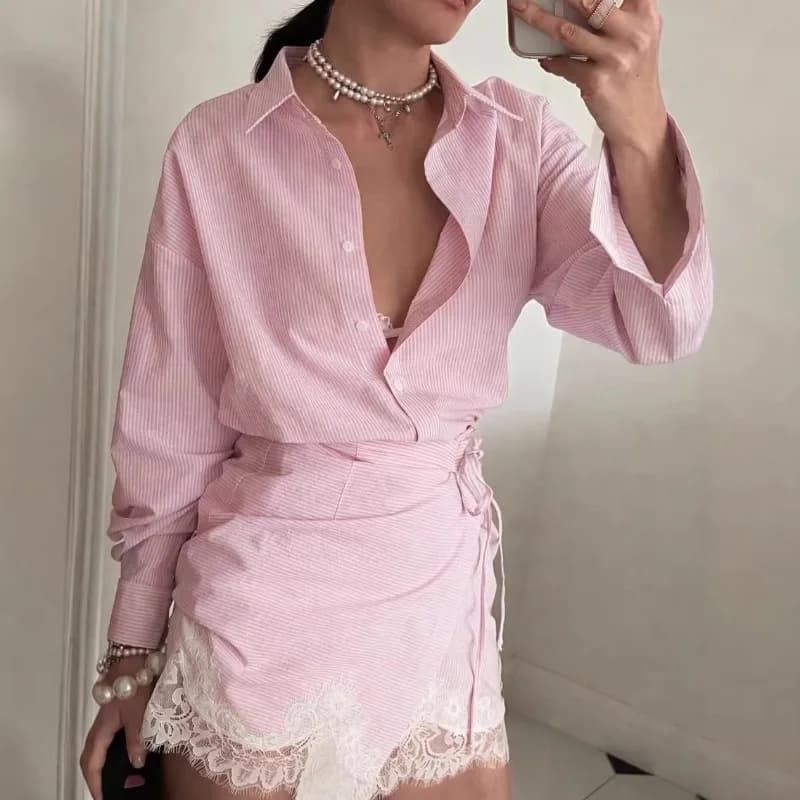 Women's Striped 2-Piece Set Oversized Long Sleeve Shirt + Lace Trim Wrap Skirt Casual Chic Co-ord Outfit for Spring Summer