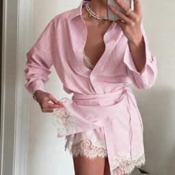 Women's Striped 2-Piece Set Oversized Long Sleeve Shirt + Lace Trim Wrap Skirt Casual Chic Co-ord Outfit for Spring Summer