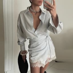 Women's Striped 2-Piece Set Oversized Long Sleeve Shirt + Lace Trim Wrap Skirt Casual Chic Co-ord Outfit for Spring Summer