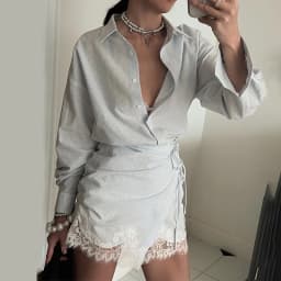 Women's Striped 2-Piece Set Oversized Long Sleeve Shirt + Lace Trim Wrap Skirt Casual Chic Co-ord Outfit for Spring Summer