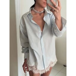 Women's Striped 2-Piece Set Oversized Long Sleeve Shirt + Lace Trim Wrap Skirt Casual Chic Co-ord Outfit for Spring Summer