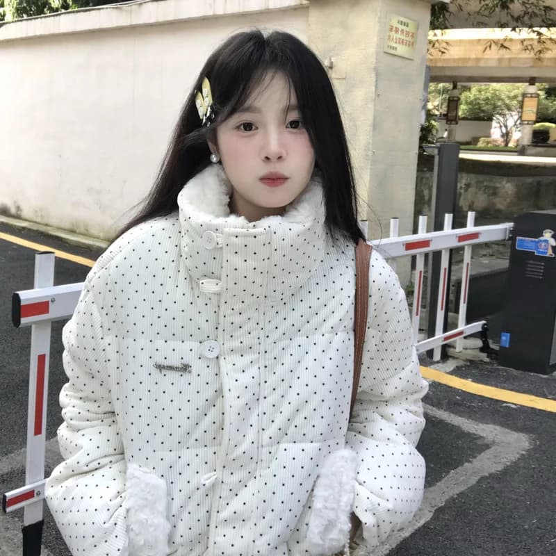 Women's Kawaii Polka Dot Down Cotton Jacket Korean Button Patchwork Corduroy Short Parkas Y2K Stand Collar Puffer Warm Jacket