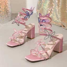 Liyke Fashion Crystal Butterfly Ankle Snake Twine Around Strap Sandals Women Wedding Party Prom Shoes Rhinestone High Heels Pink