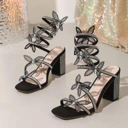 Liyke Fashion Crystal Butterfly Ankle Snake Twine Around Strap Sandals Women Wedding Party Prom Shoes Rhinestone High Heels Pink