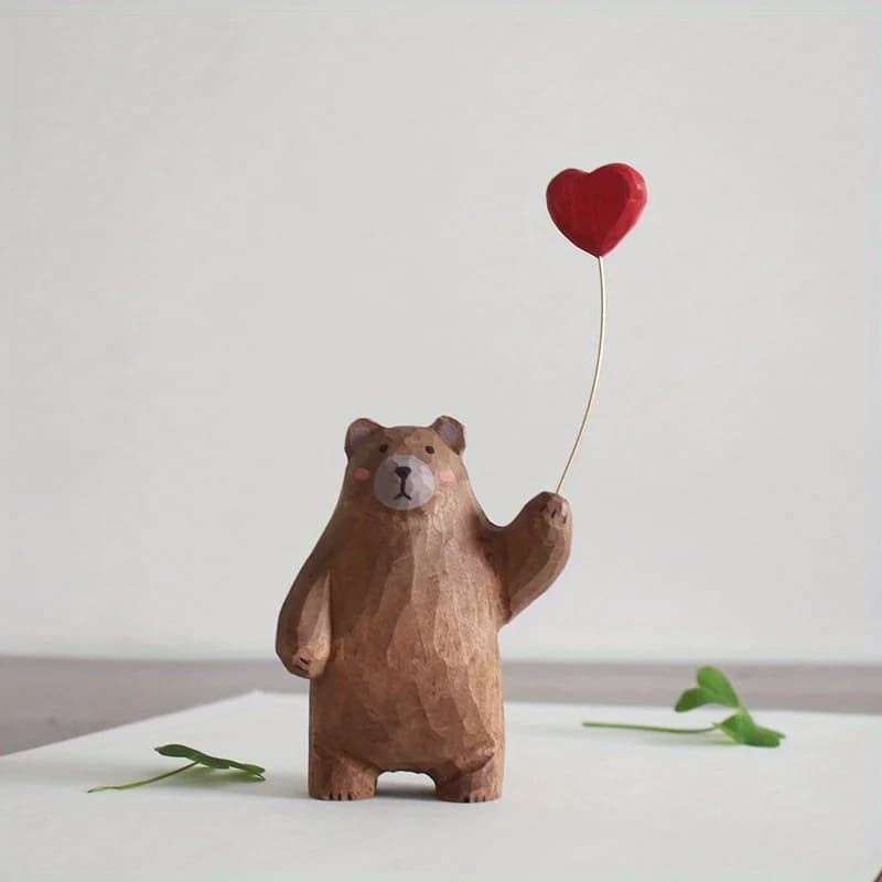 Wooden Bear Figurine with Heart Balloon - Handmade Desktop Decor, Cute Gift Idea