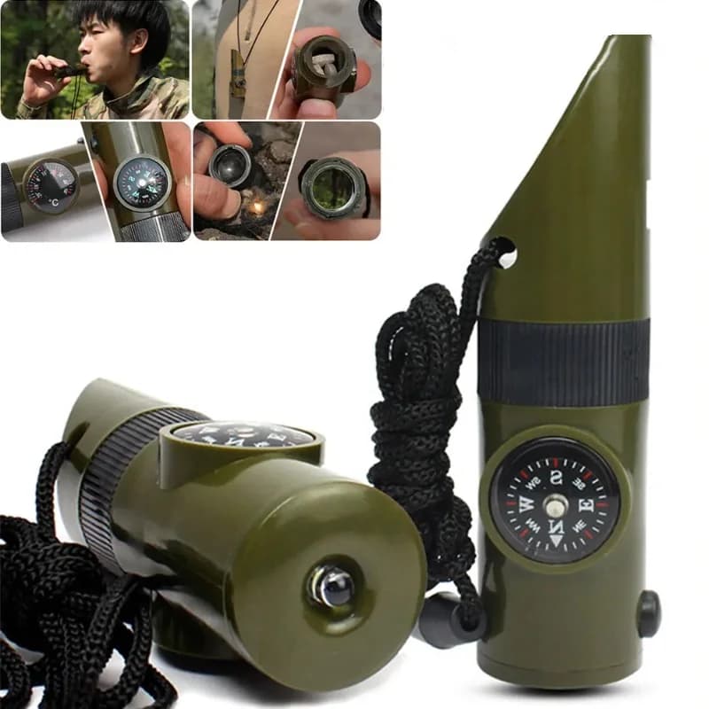 Jungle Survival Whistle with Compass Mirror Flashlight Magnifier LED Light Thermometer Storage Hiking Tool