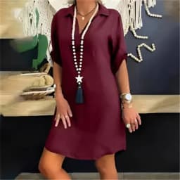 Oversized S-5XL Women Loose Blend Dress Summer Turn Down Collar Short Sleeve Solid Baggy Brazil Vestidos Beachwear
