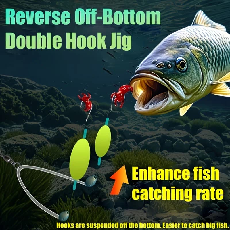 6-Packs Reverse Off-Bottom Double Hook Fishing Rig, Carp Fishing Tackle Gear with Built-in Float & Weight