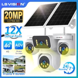 LS VISION 20MP 12X Optical Zoom Four Screens AOV 4G Solar Camera Outdoor 4-Lens 24/7 Video Recording Auto Tracking CCTV Cameras