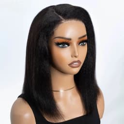 Kinky Straight Bob Side Part Human Hair Lace Wig Pre Plucked 14inches Natural Hairline Wig Natural Black Color Glueless Wigs