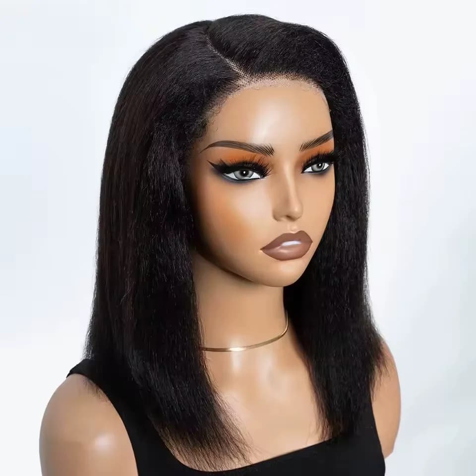 Kinky Straight Bob Side Part Human Hair Lace Wig Pre Plucked 14inches Natural Hairline Wig Natural Black Color Glueless Wigs