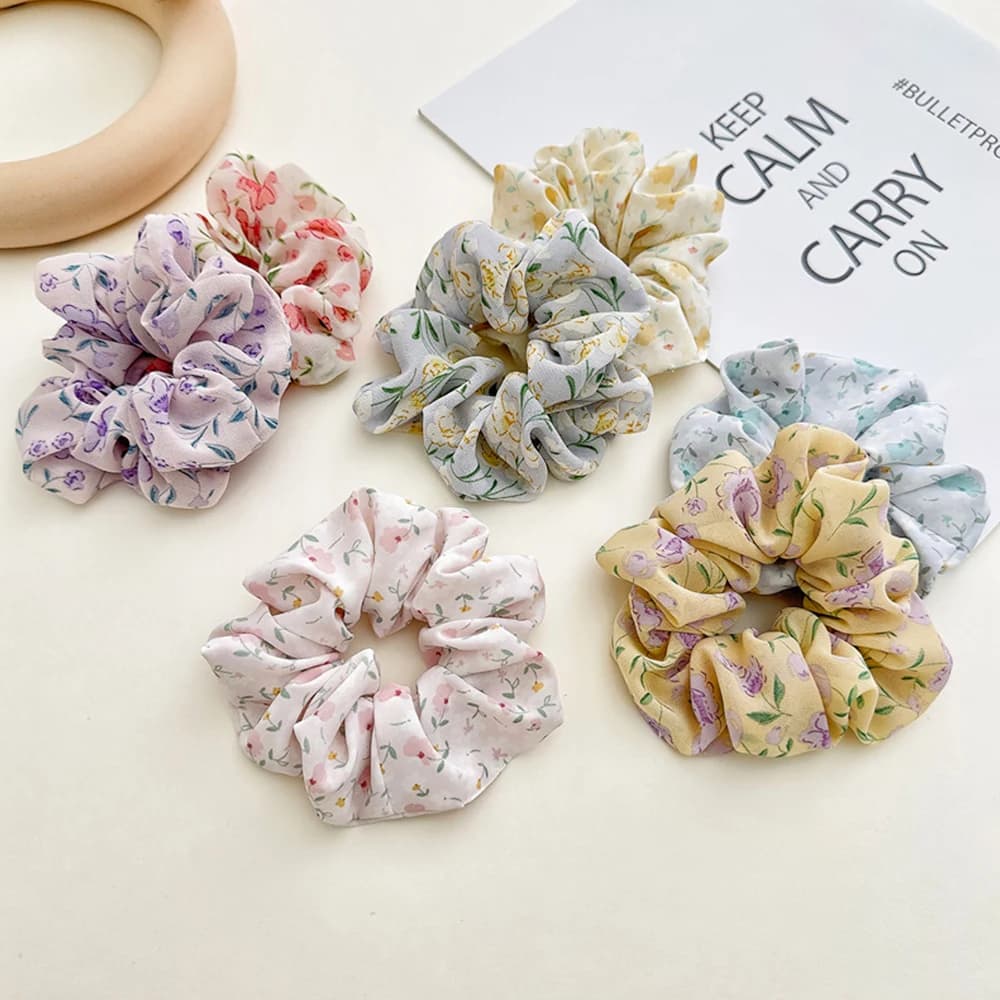 Chiffon Flower Elastic Hairbands Floral Printed Scrunchies for Hair Women Hair Accessories Ponytail Holder Hair Ties Rubber Band