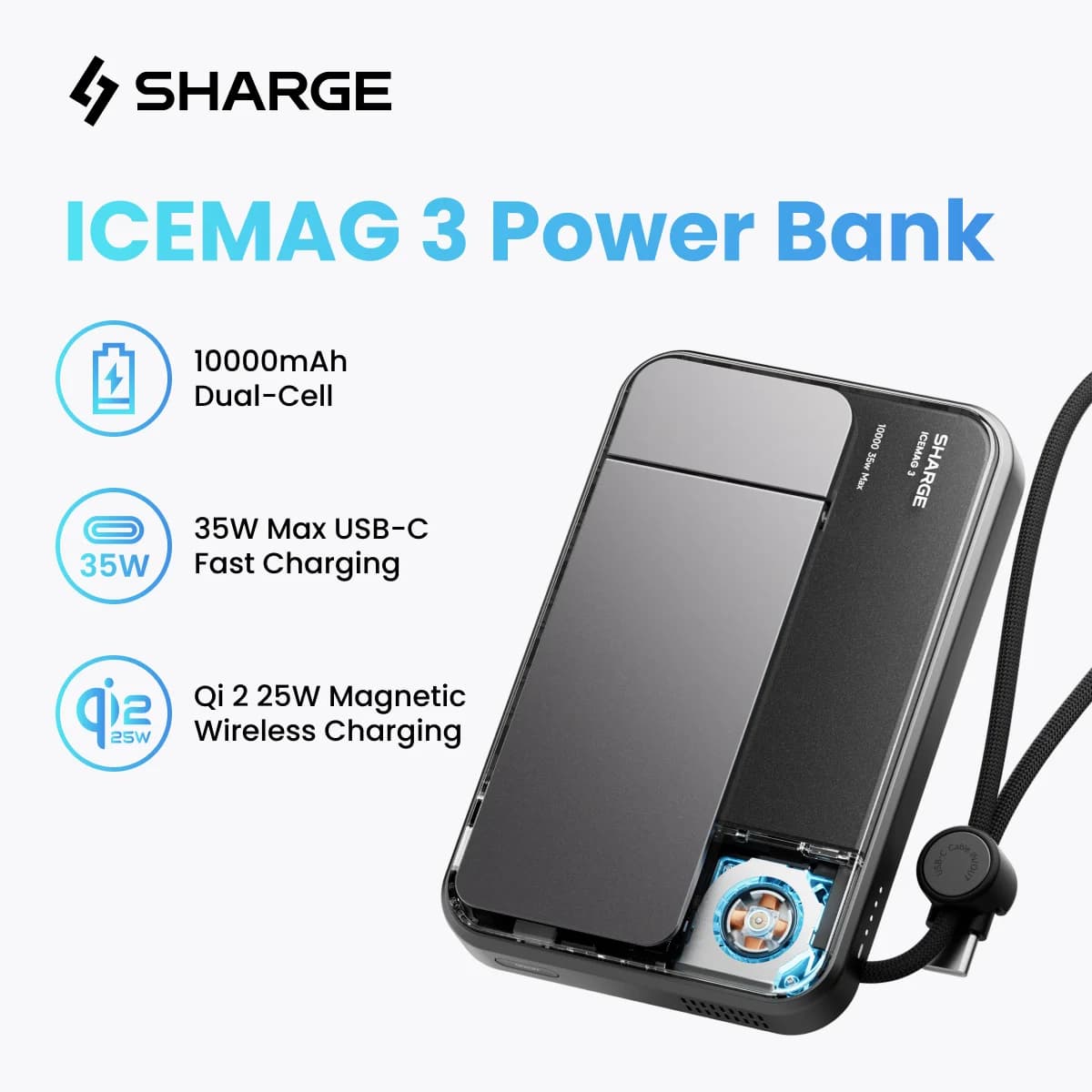 SHARGE Qi 2.2 25W Power Bank Wireless Fast Charge 10000mAh Type C Cable for MagSafe Portable Charger External Battery