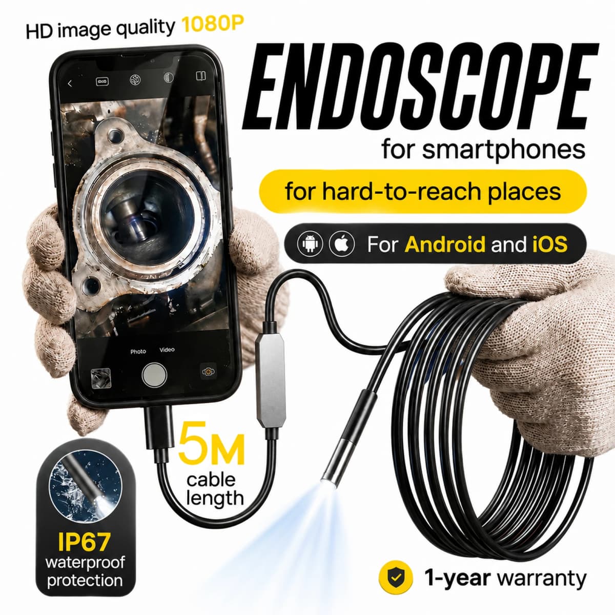 1920P HD Endoscope Camera with Semi-Rigid Snake Borescope, 8 Adjustable LED Lights, IP67 Waterproof Inspection for iOS & Android