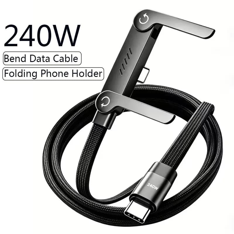 240W PD Fast Charging Type C to Type C Cable USB C to Type C Cable with Foldable Stand Phone Holder For iPhone 15 Xiaomi HUAWEI