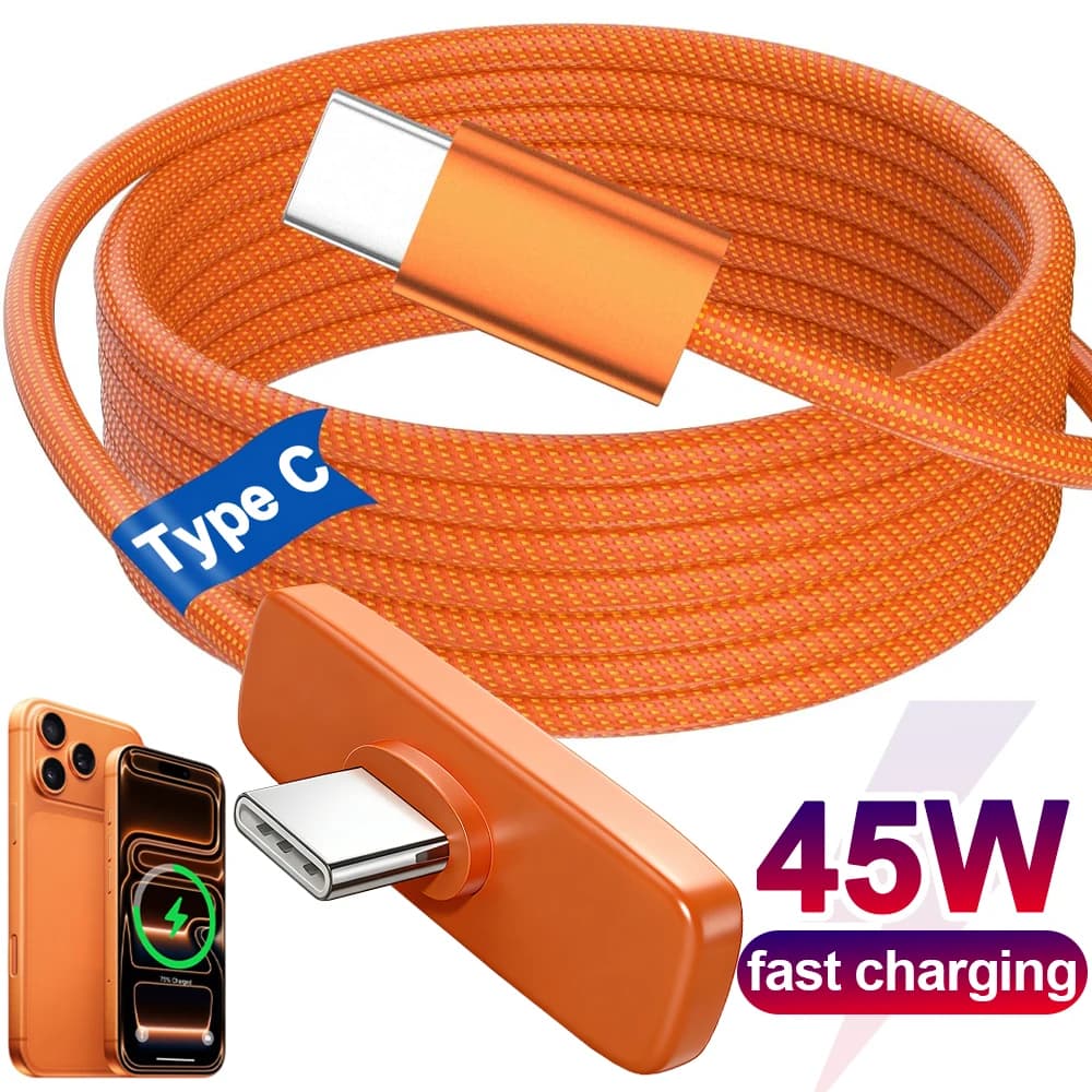PD 45W Fast Charging Type-C Right Angle Data Cable Nylon Braided USB C To C Wire Cord for IPhone 17 16 15 ProMax Samsung Android