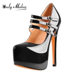 Onlymaker Women Mary Jane Platform Pumps Ankle Strap Stiletto 16cm Thin High Heels Dress Buckle Black Pink Big Size Party Shoes