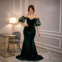Customized Luxury Elegant Velvet Evening Gown V Neck Lace Trim Spaghetti Strap Detachable Off Shoulder Tulle Puff Sleeve