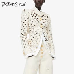 TWOTWINSTYLE Modern Hollow Out Jackets Women Lapel Neck Long Sleeve Gold Ornament Buttons Loose Jacket Streetwear Fashion New