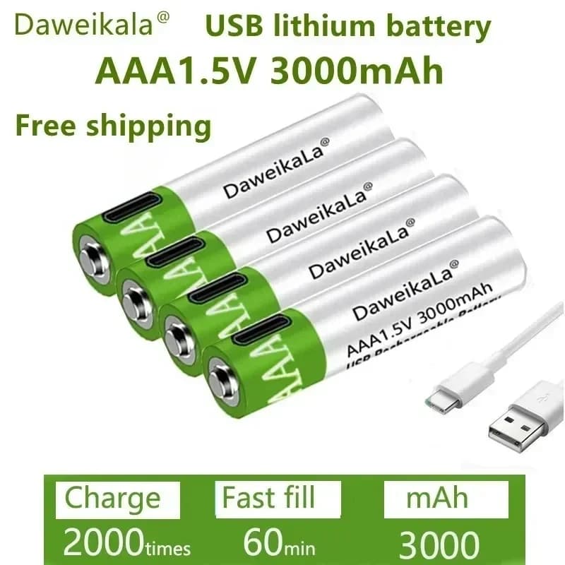 USB AAA Rechargeable Batteries 1.5V 3000mAh Li-ion Battery for Remote Control Mouse Electric Toy Battery + Type-C Cable