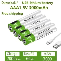 USB AAA Rechargeable Batteries 1.5V 3000mAh Li-ion Battery for Remote Control Mouse Electric Toy Battery + Type-C Cable