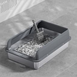 Cat Litter Box Stainless Steel Anti Splashing Odorless Easy to Clean High Sides Semi Enclosed Cat Litter Box with Lid for Cats