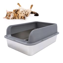 Cat Litter Box Stainless Steel Anti Splashing Odorless Easy to Clean High Sides Semi Enclosed Cat Litter Box with Lid for Cats