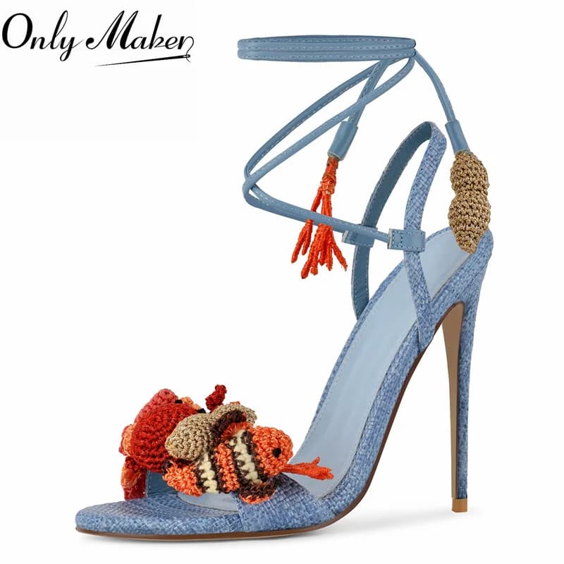 Onlymaker Women Open Round Toe Woven Embellished Ankle Strap Sandals Thin Heel Big Size Sandals