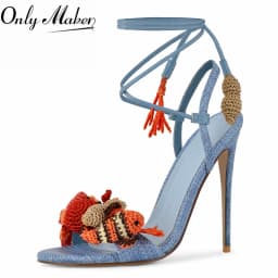 Onlymaker Women Open Round Toe Woven Embellished Ankle Strap Sandals Thin Heel Big Size Sandals