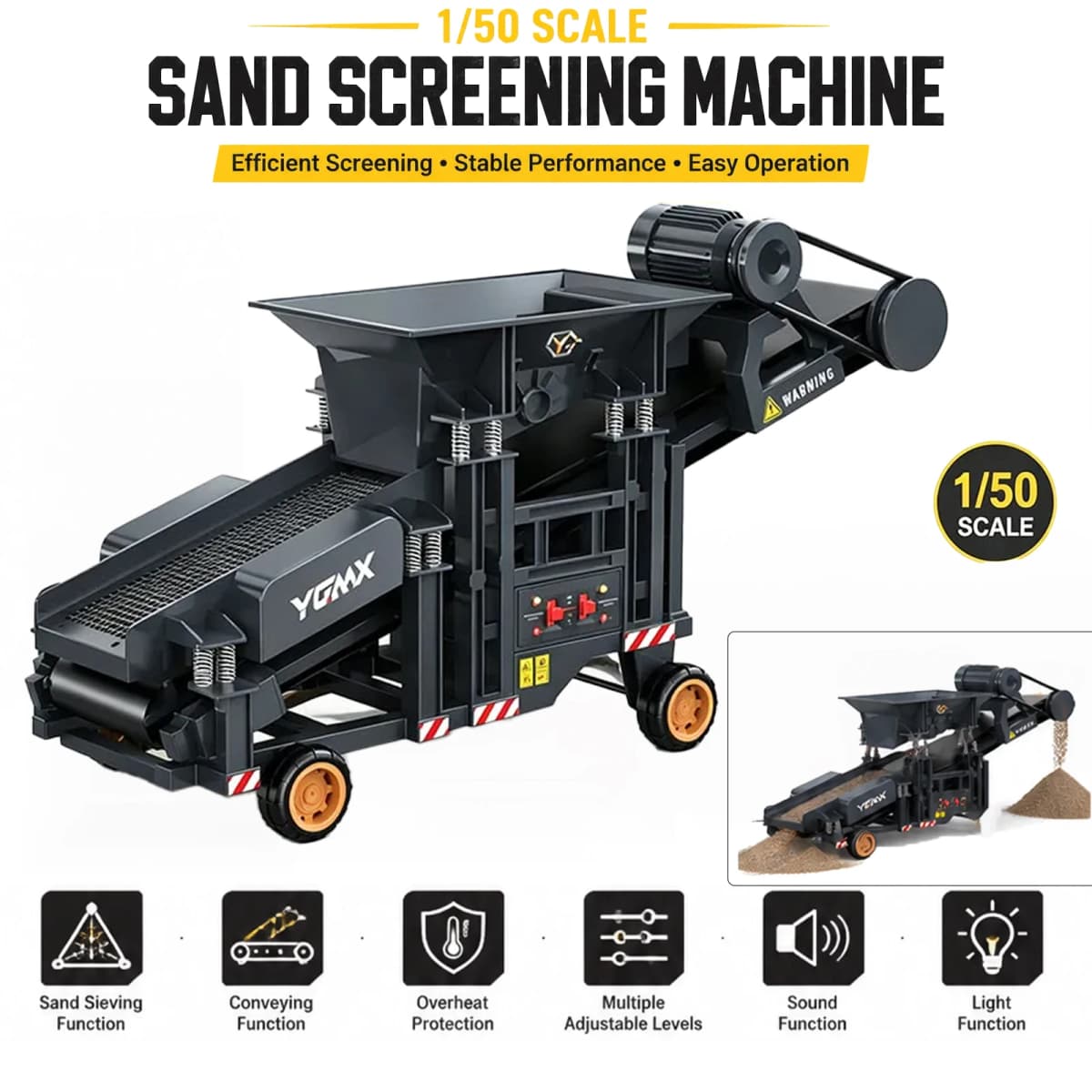 1/50 YG180 RC Sand Screening Machine Dual-Speed ​​Operation Lighting Sound Effects Vibration System Simulation RC Toy Car Model