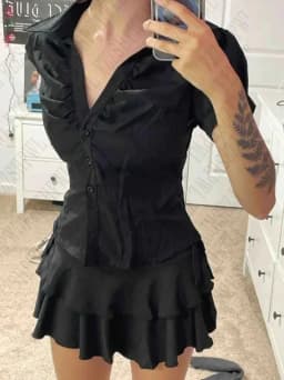 New Gothic Black Blouse Y2K Style Short Sleeve Slim Fit Button Up Shirt Harajuku Punk Grunge Aesthetic E-Girl Streetwear Tops