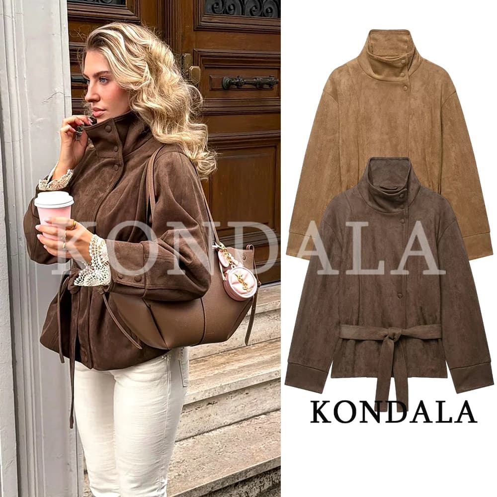 KONDALA Women Vintage Belt Coat Elegant Commute Faux Suede Jacket Coat New 2026 Fall Winter Chic Street Style Stand-Collar Coat