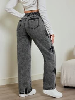 2025 Autumn New Women's Jeans, Tie-Dye Contrast Washing, Elastic Waist, High Waist Straight Jeans