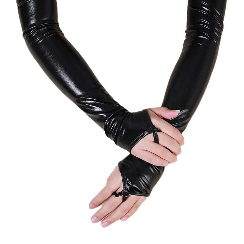 48cm Black Fingerless Lacquer Leather Hook Finger Long Gloves Women Sexy Cosplay Stage Performance Nightclub Pole Dance Mittens