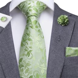 Hi-Tie Men Tie Grass Green Ties Floral Necktie Boutonniere Handkerchief Cufflinks Set Wedding Cravat for Groom 8.5 cm