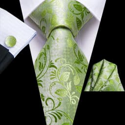 Hi-Tie Men Tie Grass Green Ties Floral Necktie Boutonniere Handkerchief Cufflinks Set Wedding Cravat for Groom 8.5 cm