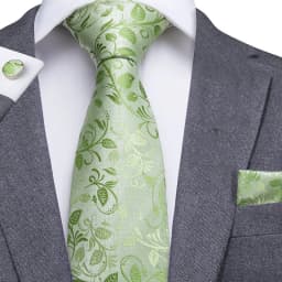 Hi-Tie Men Tie Grass Green Ties Floral Necktie Boutonniere Handkerchief Cufflinks Set Wedding Cravat for Groom 8.5 cm