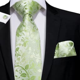 Hi-Tie Men Tie Grass Green Ties Floral Necktie Boutonniere Handkerchief Cufflinks Set Wedding Cravat for Groom 8.5 cm